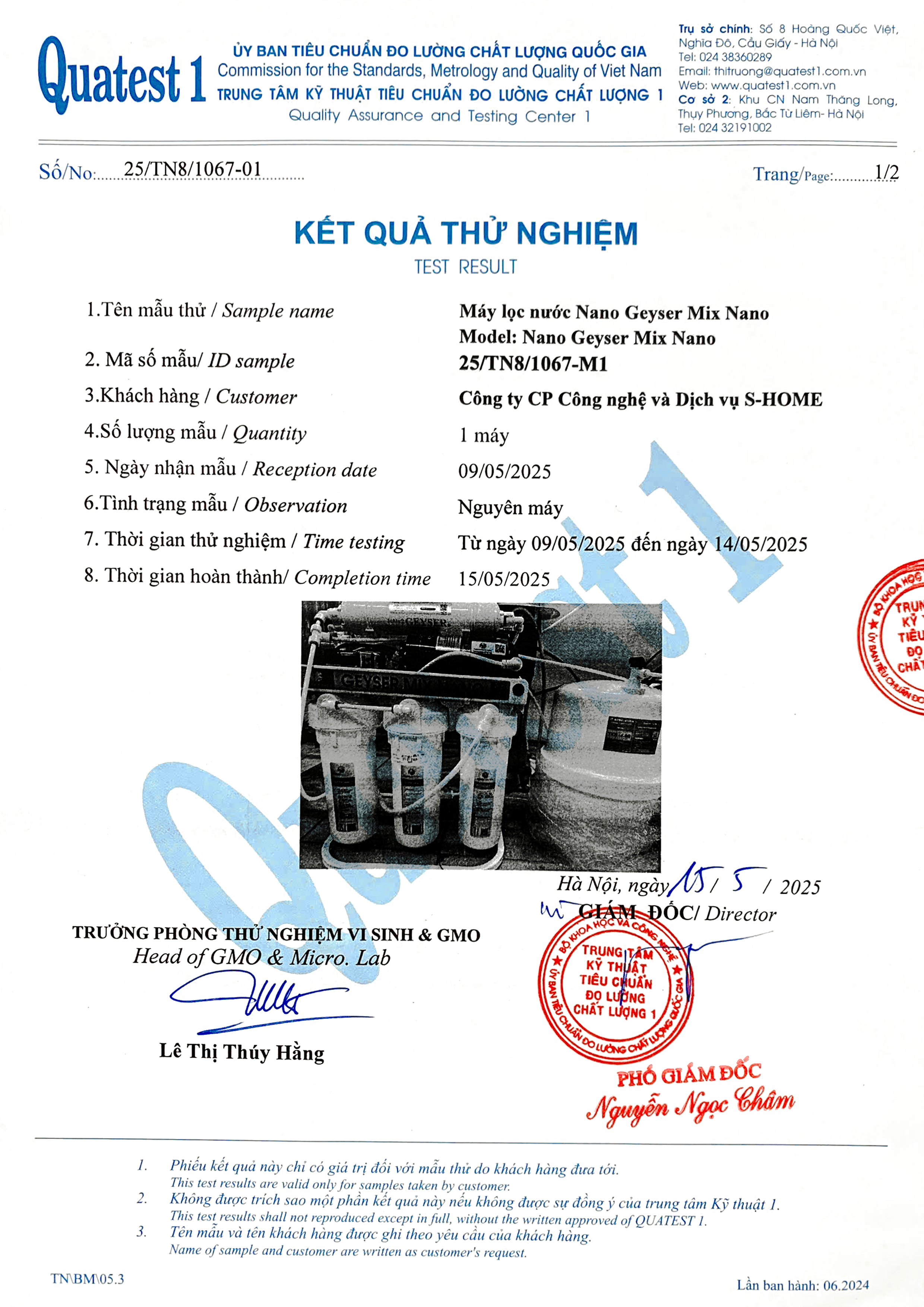 Kết quả test mới nhất Máy Nano Geyser Mix Nano